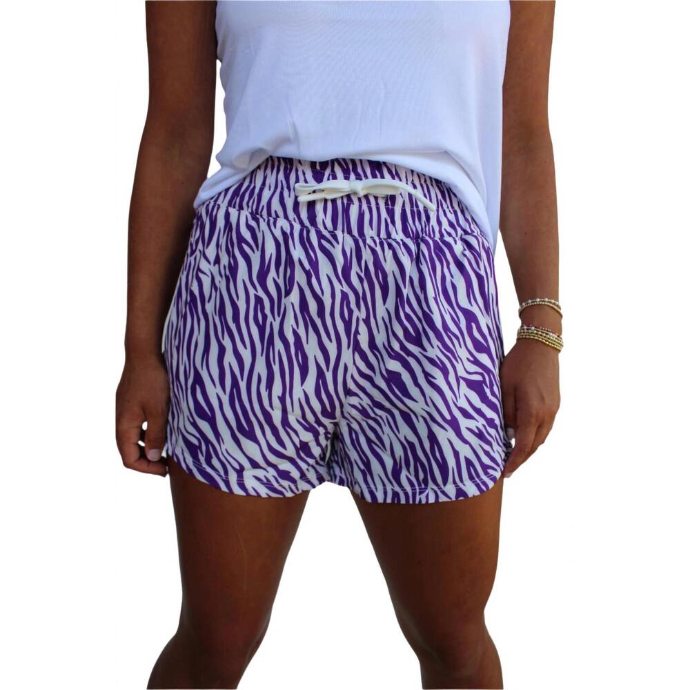 NEW MERIPEX APPAREL crazy for tigers high waistband gameday shorts in purple/whi